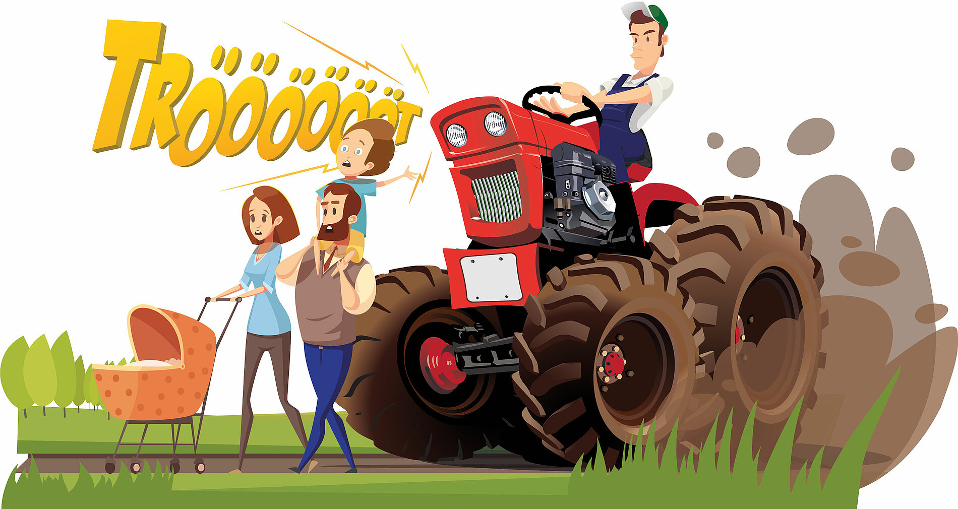 Abbildung Knigge Visual: Karikatur spazieren gehende Familie mit Kinderwagen und  ungeduldig hupender Traktor hinter ihnen