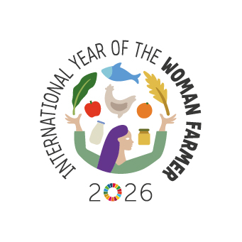 Logo „International Year of the Woman Farmer 2026“ mit stilisierten landwirtschaftlichen Symbolen wie einer Person im Profil, Blatt, Vogel, Huhn, Ähre, Obst, Gemüse und Glas, kreisförmig angeordnet.
