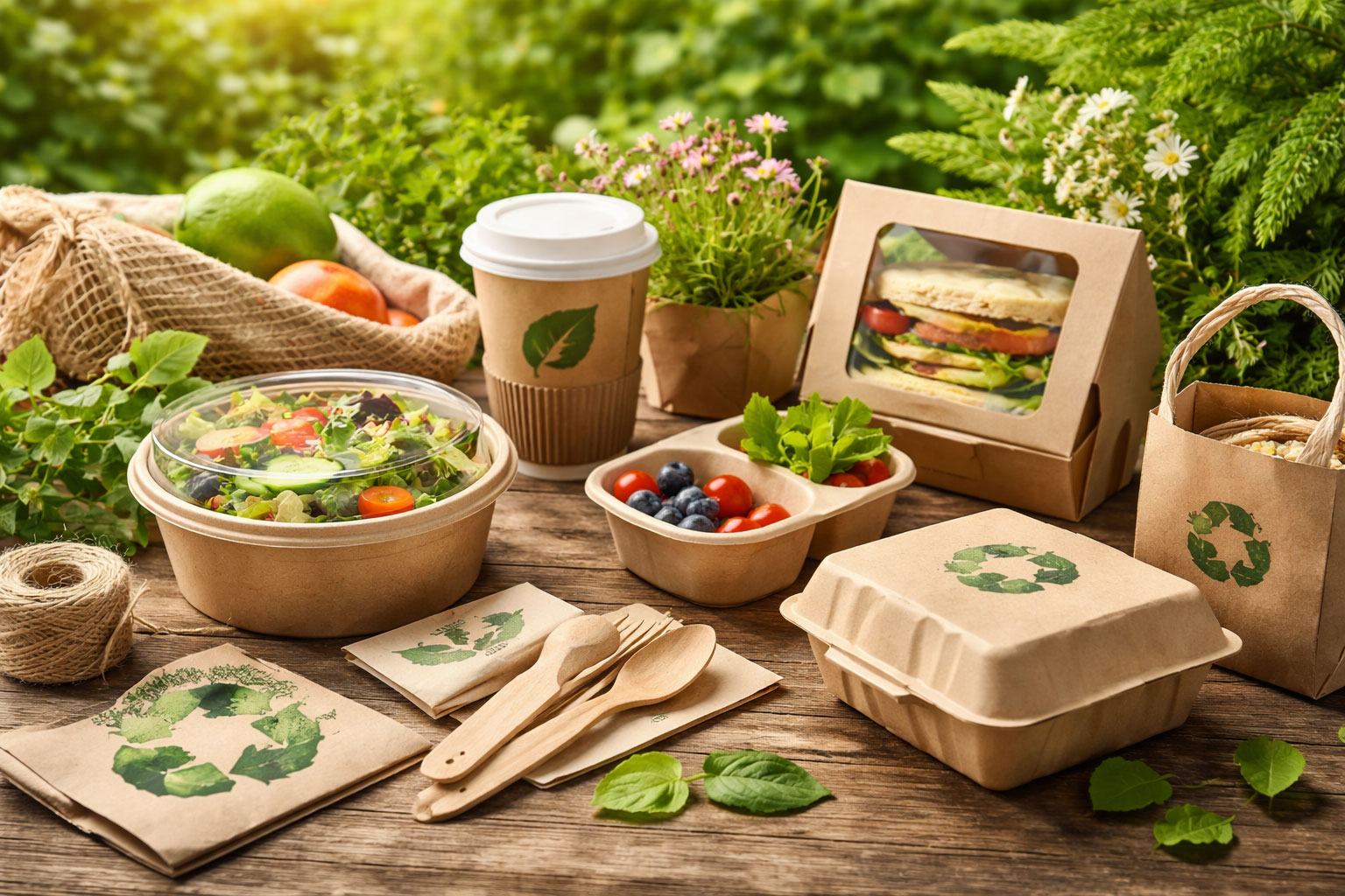 Visual für Online-Event: Nachhaltige Lebensmittel in umweltfreundlicher Verpackung auf einem Picknicktisch im Grünen