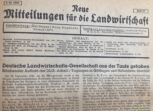 Titelseite der Mitteilungen mit Bericht über DLG-Gründungsversammlung - 5.10.1947