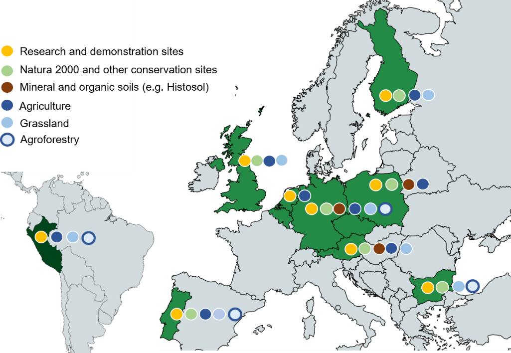 Map of BioMonitor4CAP research and demonstration sites in Europe and Latin America.